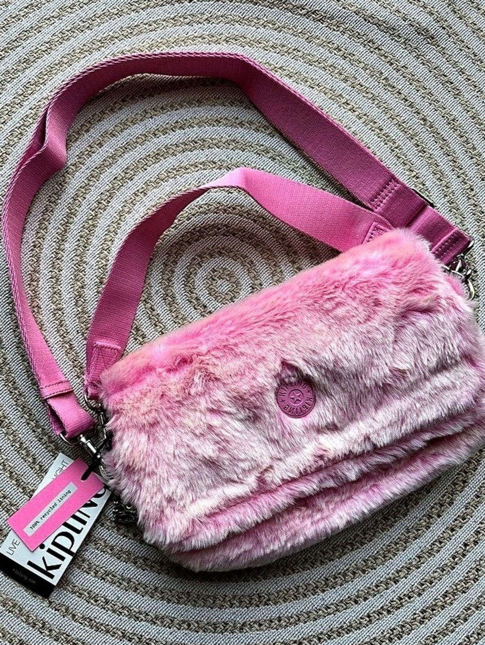 NWT Kipling Aras Furry 2-Way Double Strap Shoulder Bag - Hot Valentine Pink